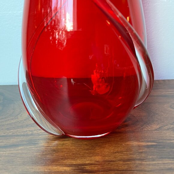 Murano Hand Blown Vase Ruby Red with Clear Swirls 9" Tall - Picture 11 of 16